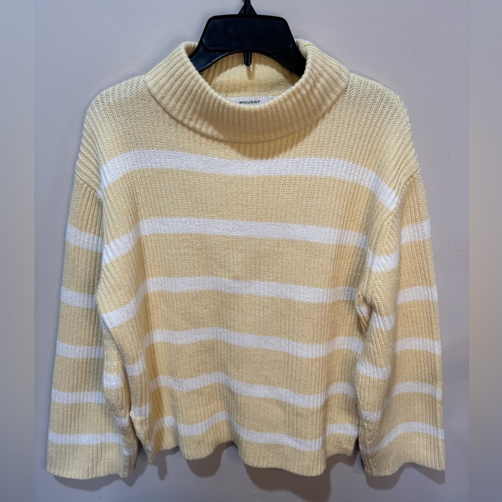 Moussy mock neck sweater cotton blend yellow white striped OS‎